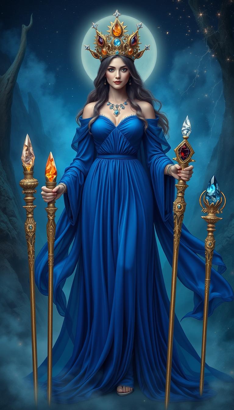 The Goddess of Wands stands in a mystical setting, wearing a flowing royal blue dress that signifies nobility and depth