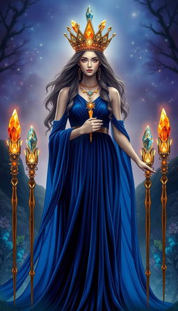 The Goddess of Wands stands in a mystical setting, wearing a flowing royal blue dress that signifies nobility and depth