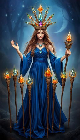 The Goddess of Wands stands in a mystical setting, wearing a flowing royal blue dress that signifies nobility and depth