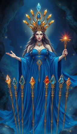 The Goddess of Wands stands in a mystical setting, wearing a flowing royal blue dress that signifies nobility and depth