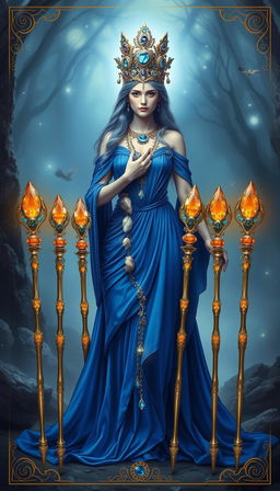 The Goddess of Wands stands in a mystical realm, adorned in a royal blue flowing dress that exudes elegance and majesty