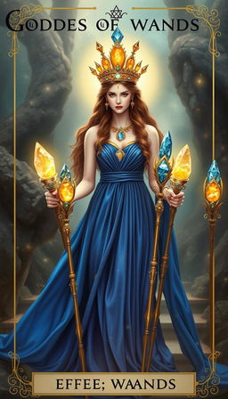 The Goddess of Wands stands in a mystical realm, adorned in a royal blue flowing dress that exudes elegance and majesty