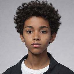 Anime style black teenage boy with very short curly hair and acne