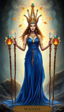 The Goddess of Wands stands in a mystical realm, adorned in a royal blue flowing dress that exudes elegance and majesty