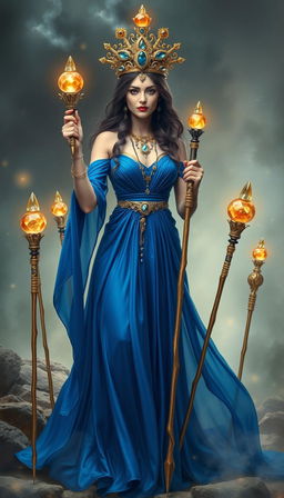 The Goddess of Wands stands in a mystical realm, adorned in a royal blue flowing dress that exudes elegance and majesty