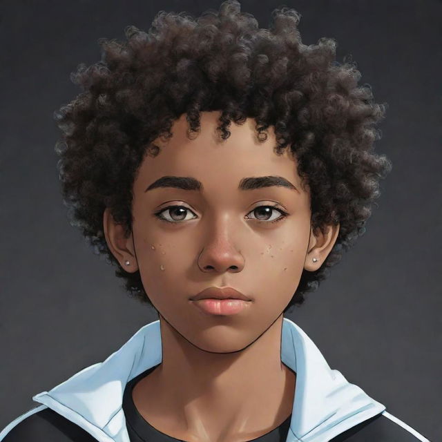 Anime style black teenage boy with very short curly hair and acne