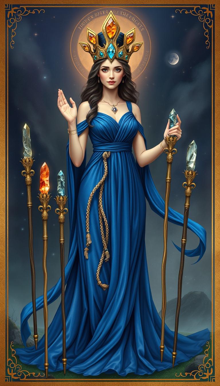 The Goddess of Wands stands in a mystical setting, wearing a flowing royal blue dress that signifies nobility and depth