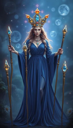 The Goddess of Wands stands in a mystical setting, wearing a flowing royal blue dress that signifies nobility and depth