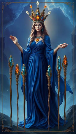 The Goddess of Wands stands in a mystical setting, wearing a flowing royal blue dress that signifies nobility and depth