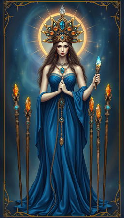 The Goddess of Wands stands in a mystical setting, wearing a flowing royal blue dress that signifies nobility and depth