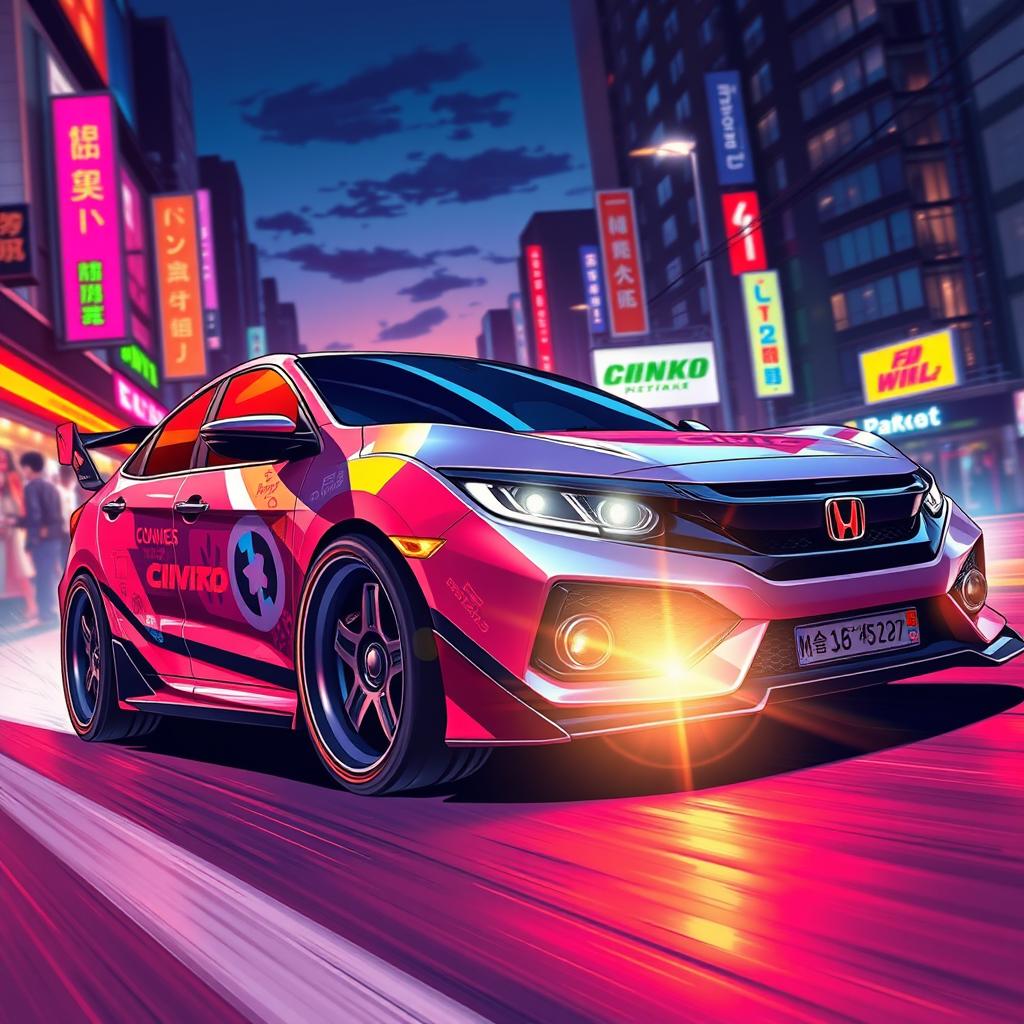 A vibrant anime-style illustration of a Honda Civic, infused with the dynamic energy and vibrant colors characteristic of anime art