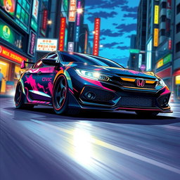 A vibrant anime-style illustration of a Honda Civic, infused with the dynamic energy and vibrant colors characteristic of anime art