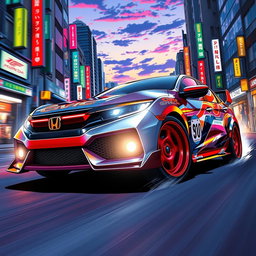 A vibrant anime-style illustration of a Honda Civic, infused with the dynamic energy and vibrant colors characteristic of anime art