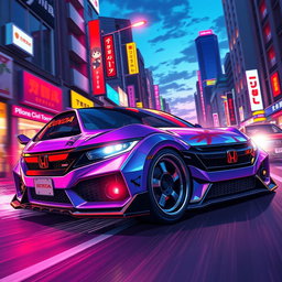 A vibrant anime-style illustration of a Honda Civic, infused with the dynamic energy and vibrant colors characteristic of anime art