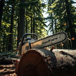 A powerful chainsaw in action, cutting through a large log in a forest setting