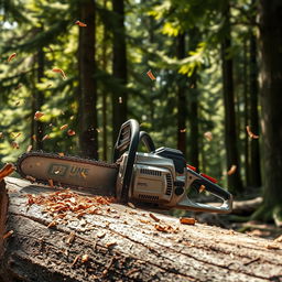 A powerful chainsaw in action, cutting through a large log in a forest setting