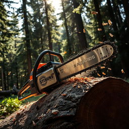 A powerful chainsaw in action, cutting through a large log in a forest setting