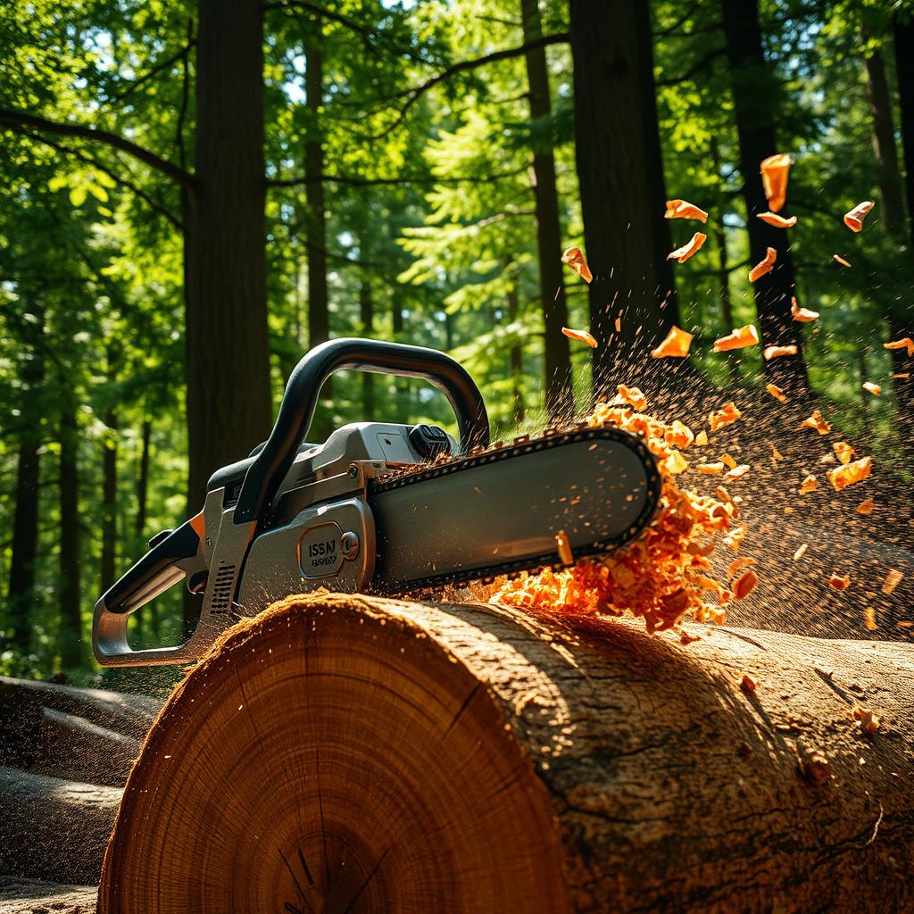 A powerful chainsaw in action, cutting through a large log in a forest setting