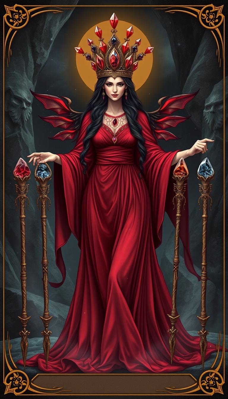 The Goddess of Wands stands in a mystical setting, wearing a flowing deep red dress that exudes a sense of power and elegance