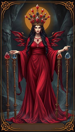 The Goddess of Wands stands in a mystical setting, wearing a flowing deep red dress that exudes a sense of power and elegance