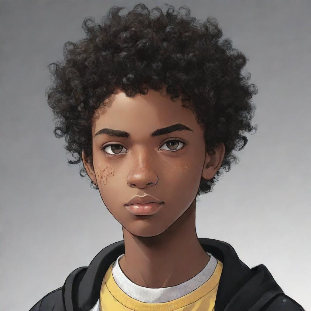 Anime style black teenage boy with very short curly hair and severe acne