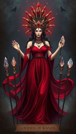 The Goddess of Wands stands in a mystical setting, wearing a flowing deep red dress that exudes a sense of power and elegance