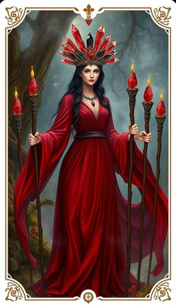 The Goddess of Wands stands in a mystical setting, wearing a flowing deep red dress that exudes a sense of power and elegance