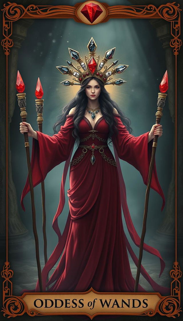 The Goddess of Wands stands in a mystical setting, wearing a flowing deep red dress that exudes a sense of power and elegance