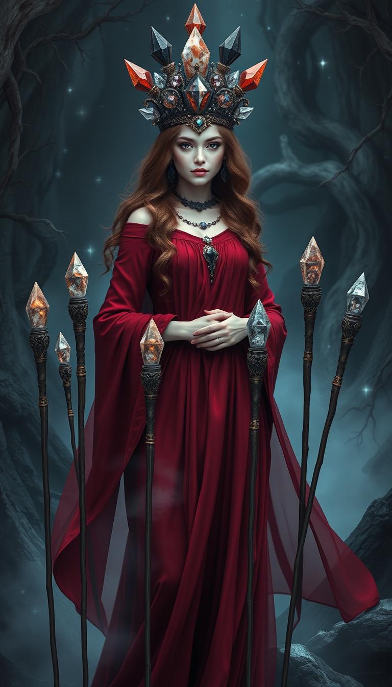 The Goddess of Wands stands in a mystical setting, wearing a flowing deep red dress that exudes a sense of power and elegance