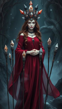 The Goddess of Wands stands in a mystical setting, wearing a flowing deep red dress that exudes a sense of power and elegance