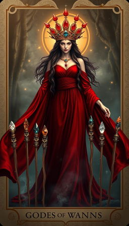 The Goddess of Wands stands in a mystical setting, wearing a flowing deep red dress that exudes a sense of power and elegance