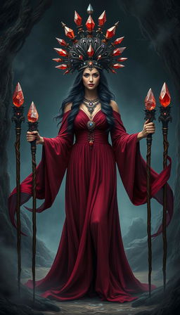 The Goddess of Wands stands in a mystical setting, wearing a flowing deep red dress that exudes a sense of power and elegance