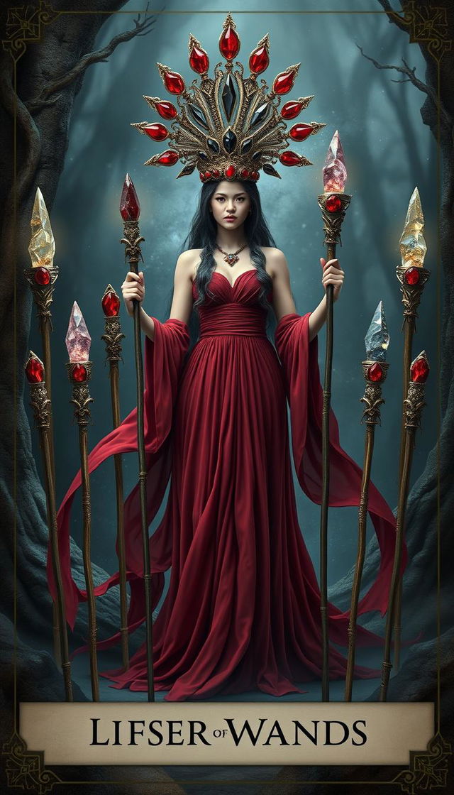 The Goddess of Wands stands in a mystical setting, wearing a flowing deep red dress that exudes a sense of power and elegance