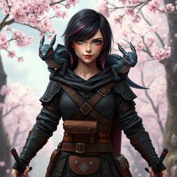 A confident hexblood woman with short black hair and orchid-colored highlights