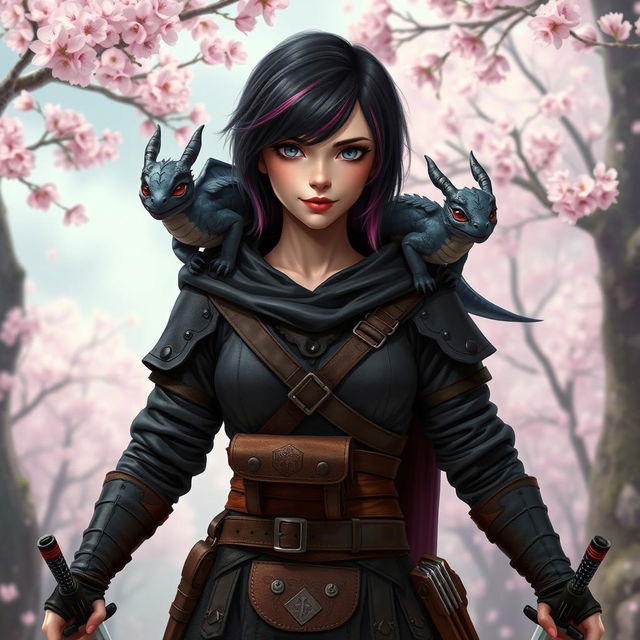 A confident hexblood woman with short black hair and orchid-colored highlights