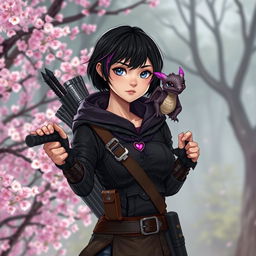 A confident hexblood woman with short black hair and orchid-colored highlights