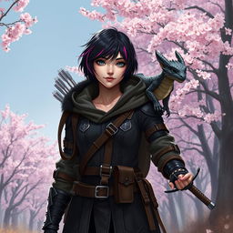 A confident hexblood woman with short black hair and orchid-colored highlights