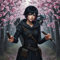 A confident hexblood woman with short black hair and orchid-colored highlights