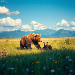 A hyperrealistic meadow scene featuring an adult bear and its cub