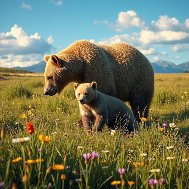 A hyperrealistic meadow scene featuring an adult bear and its cub