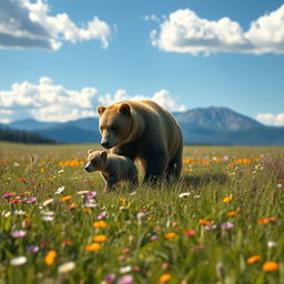 A hyperrealistic meadow scene featuring an adult bear and its cub