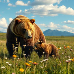 A hyperrealistic meadow scene featuring an adult bear and its cub