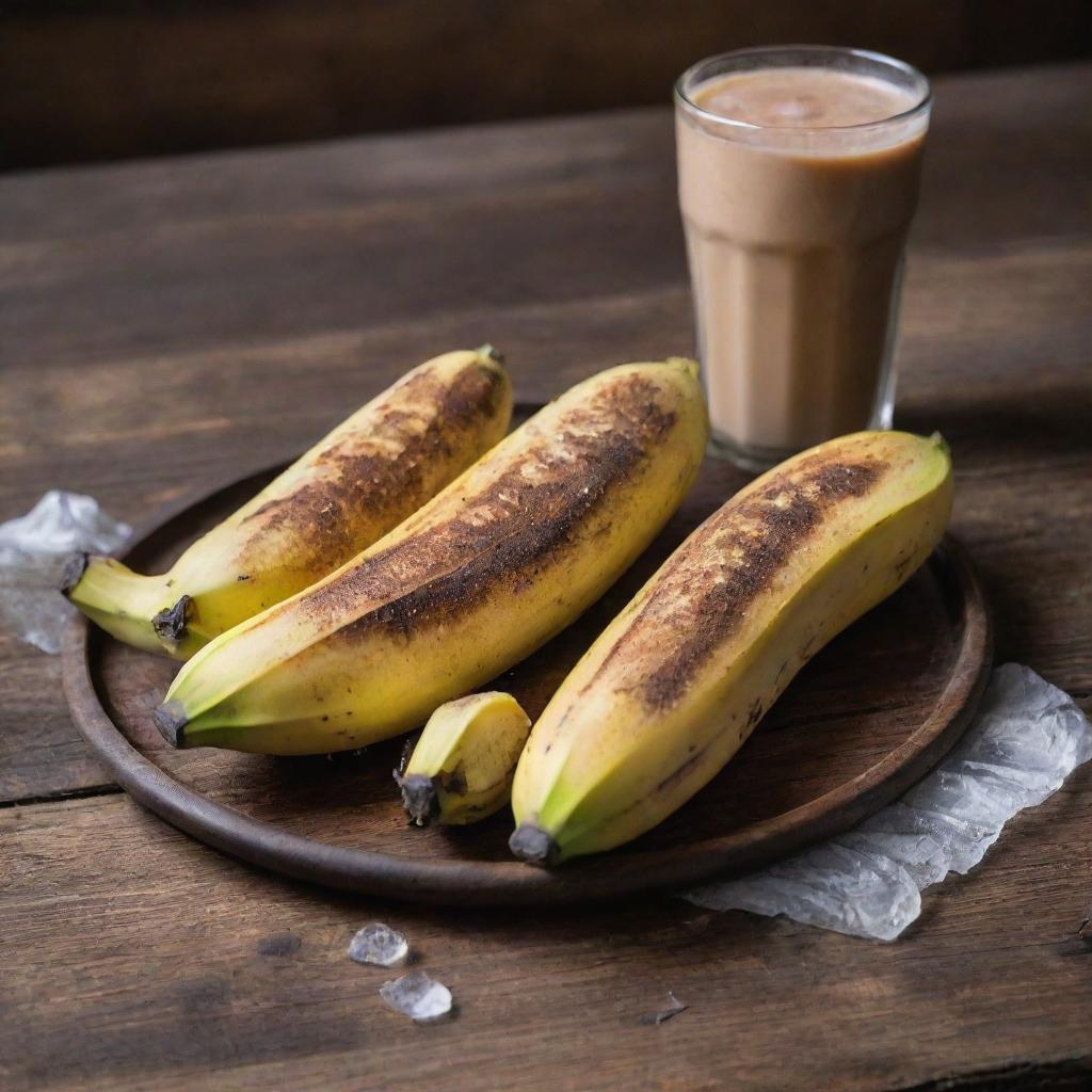 Two pieces of perfectly grilled bananas placed next to a glass of ice coffee on a rustic wooden table.