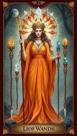 The Goddess of Wands stands regally in a mystical realm, donning a flowing orange dress that radiates warmth and vitality