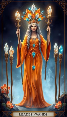 The Goddess of Wands stands regally in a mystical realm, donning a flowing orange dress that radiates warmth and vitality