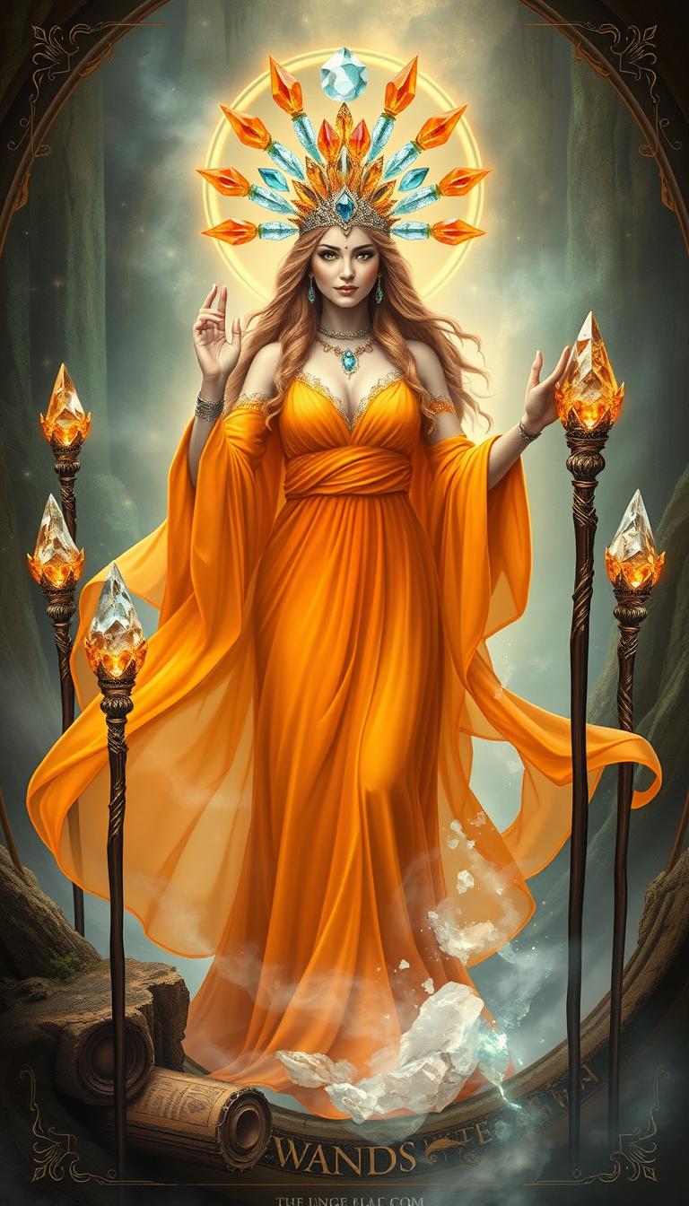 The Goddess of Wands stands regally in a mystical realm, donning a flowing orange dress that radiates warmth and vitality