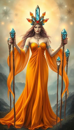 The Goddess of Wands stands regally in a mystical realm, donning a flowing orange dress that radiates warmth and vitality