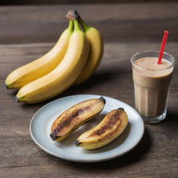 Two pieces of perfectly grilled bananas placed next to a glass of ice coffee on a rustic wooden table.