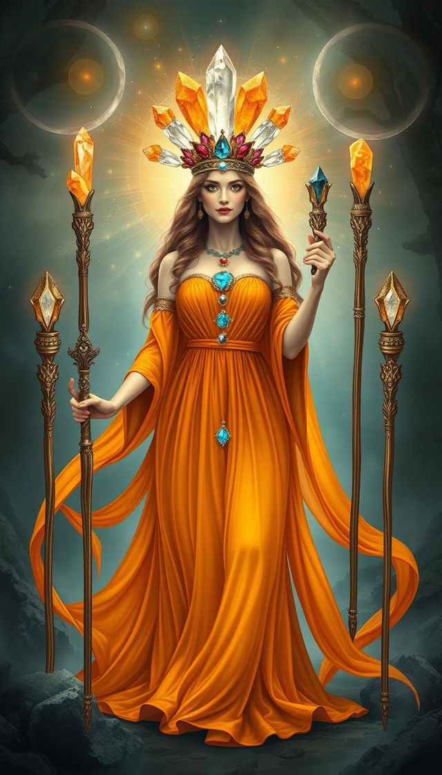 The Goddess of Wands stands regally in a mystical realm, donning a flowing orange dress that radiates warmth and vitality