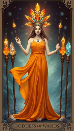 The Goddess of Wands stands regally in a mystical realm, donning a flowing orange dress that radiates warmth and vitality